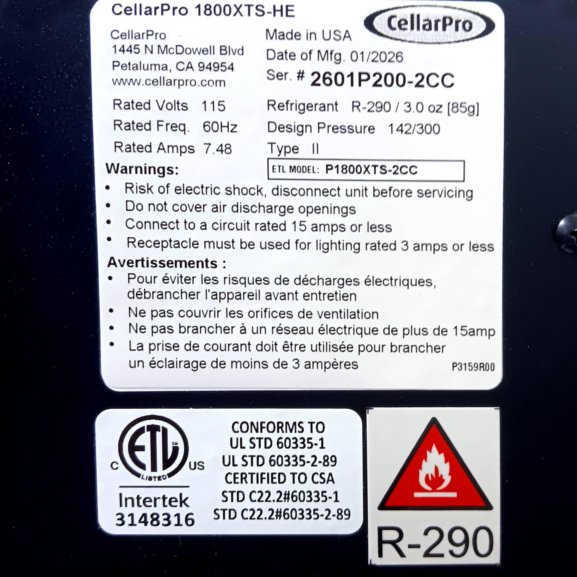 CellarPro 1800XTS-HE Cooling Unit #37164 | CellarPro