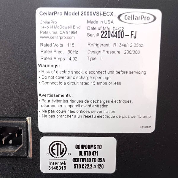 CellarPro 2000VSiECX Cooling Unit 27056 CellarPro