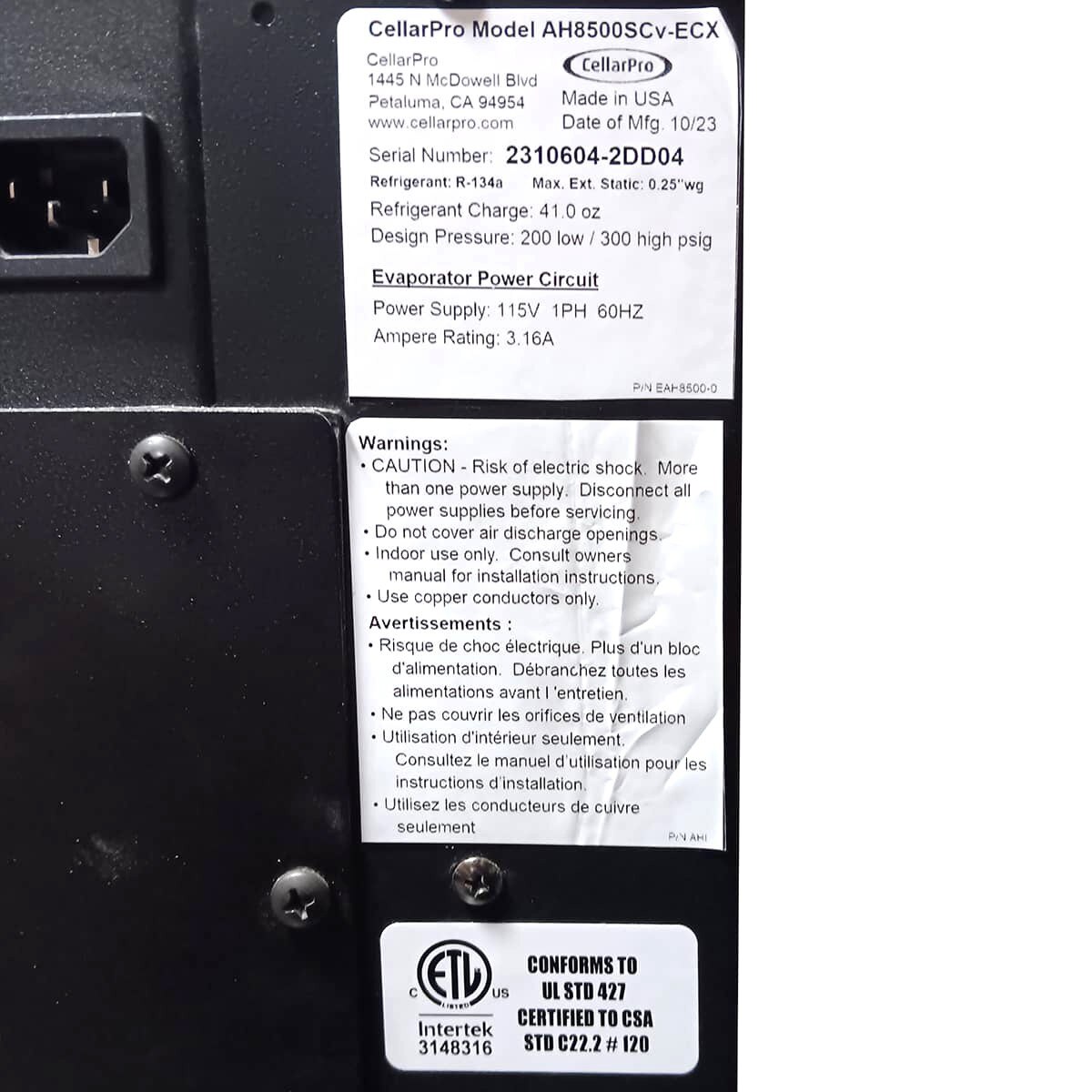 CellarPro Air Handler AH8500Scv-ECX #7109 | CellarPro