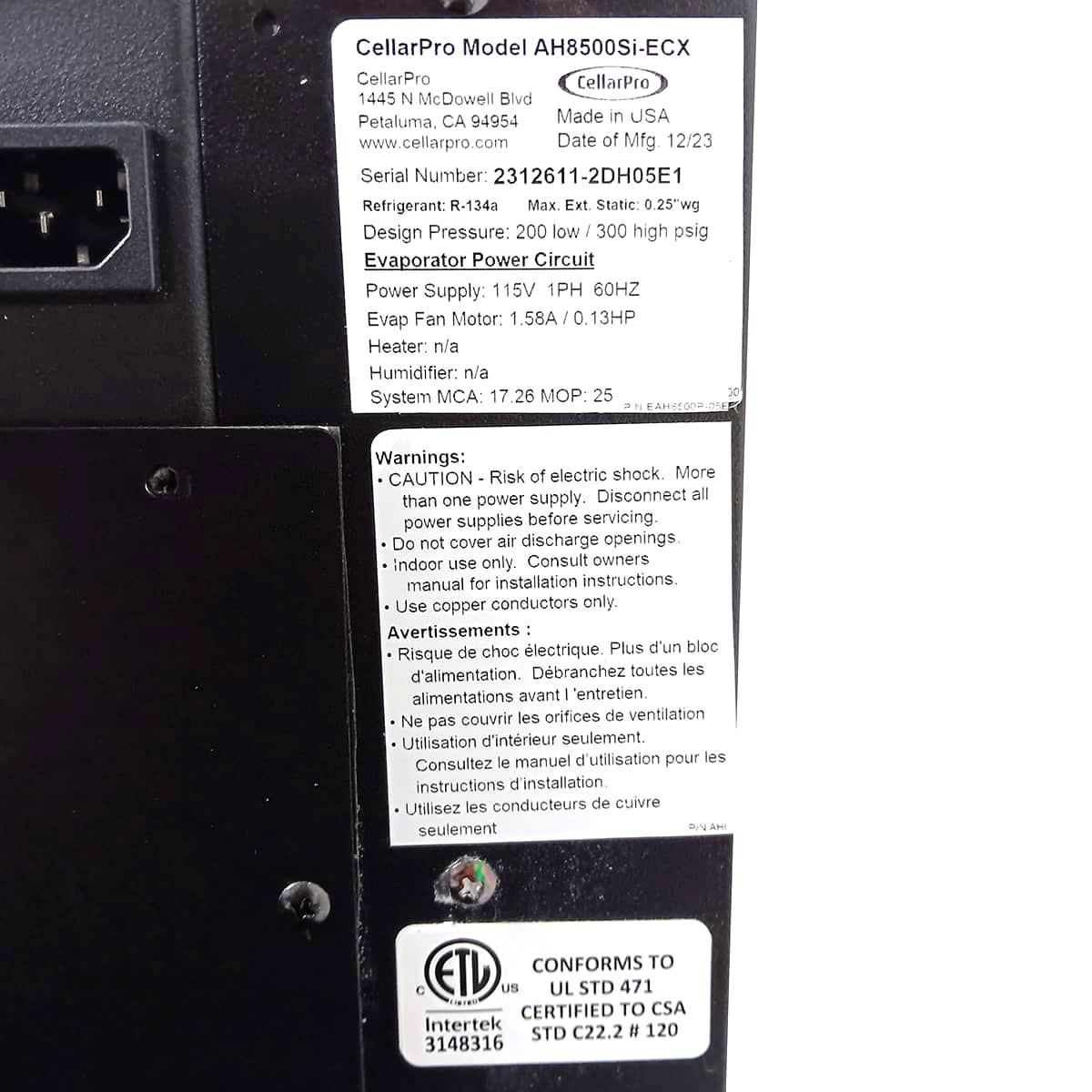 CellarPro Air Handler Split AH8500Si-ECX #7080 | CellarPro